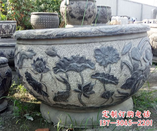 临沂中领雕塑仿古荷花石浮雕水缸