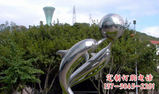 临沂高贵静谧的不锈钢海豚顶球雕塑