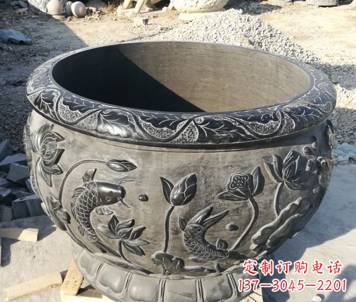 临沂青石仿古雕塑荷花水缸