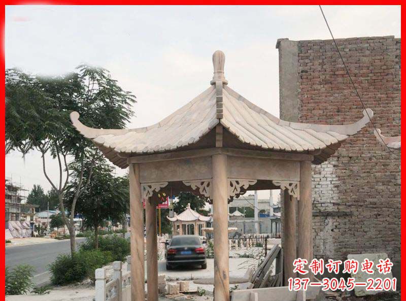 临沂公园晚霞红六角石凉亭雕塑