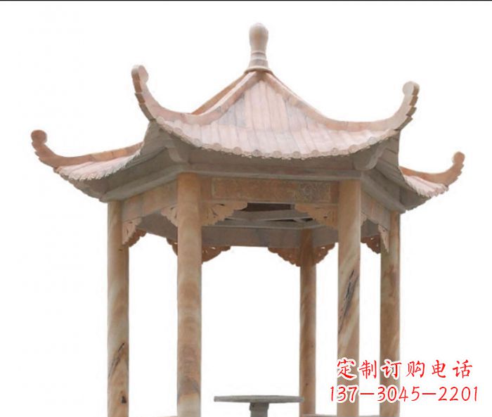 临沂美丽而优雅的公园晚霞红六角石凉亭雕塑