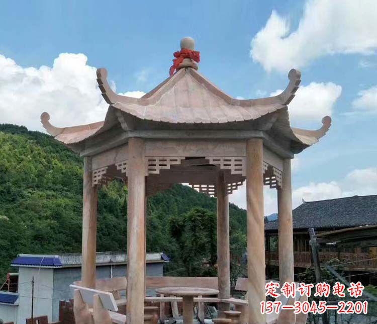 临沂一流的公园晚霞红六角石雕凉亭