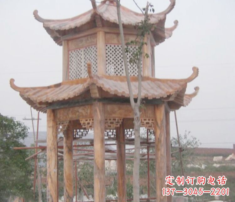 临沂双层晚霞红石凉亭石雕 (2)