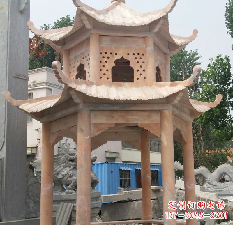 临沂晚霞红双层六角凉亭石雕 (2)