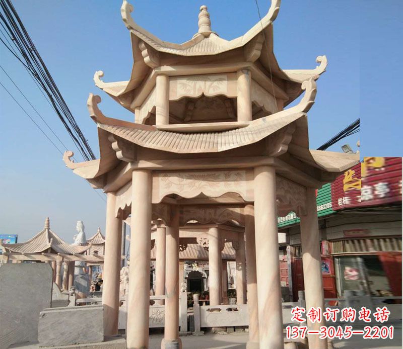 临沂晚霞红双层六角凉亭石雕 (3)