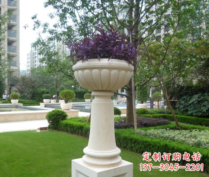 临沂小区景观汉白玉花盆石雕 (2)
